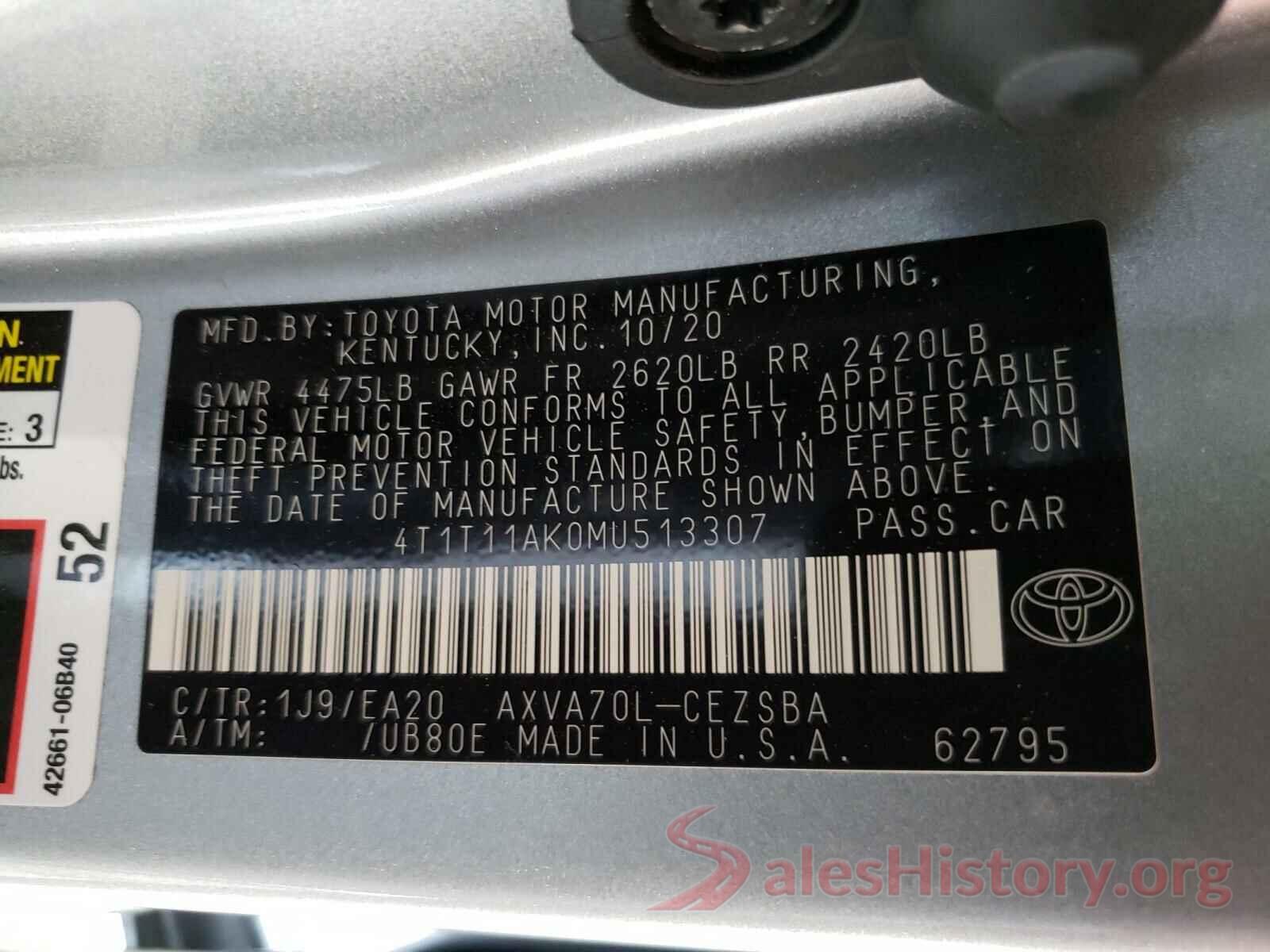 4T1T11AK0MU513307 2021 TOYOTA CAMRY