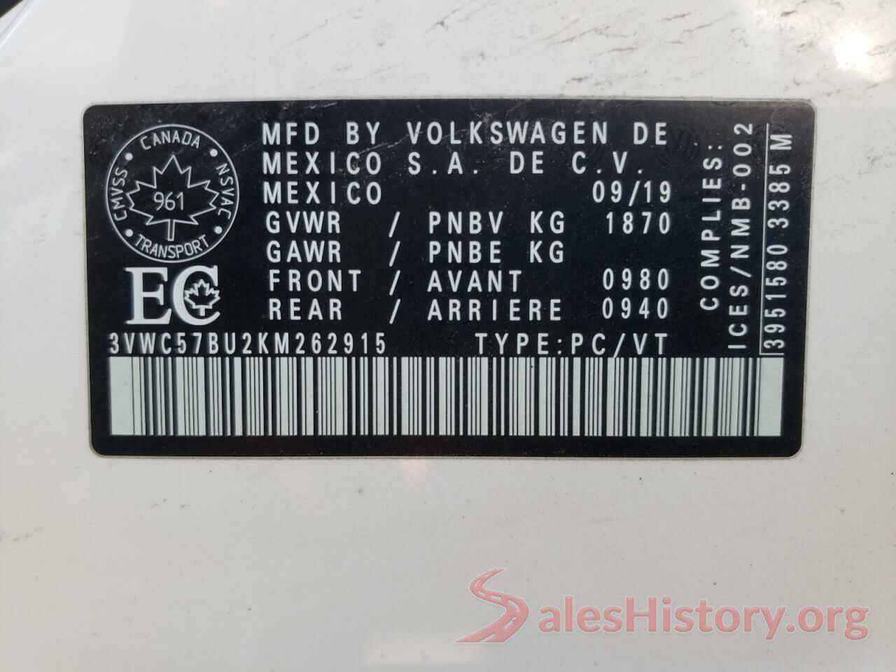 3VWC57BU2KM262915 2019 VOLKSWAGEN JETTA