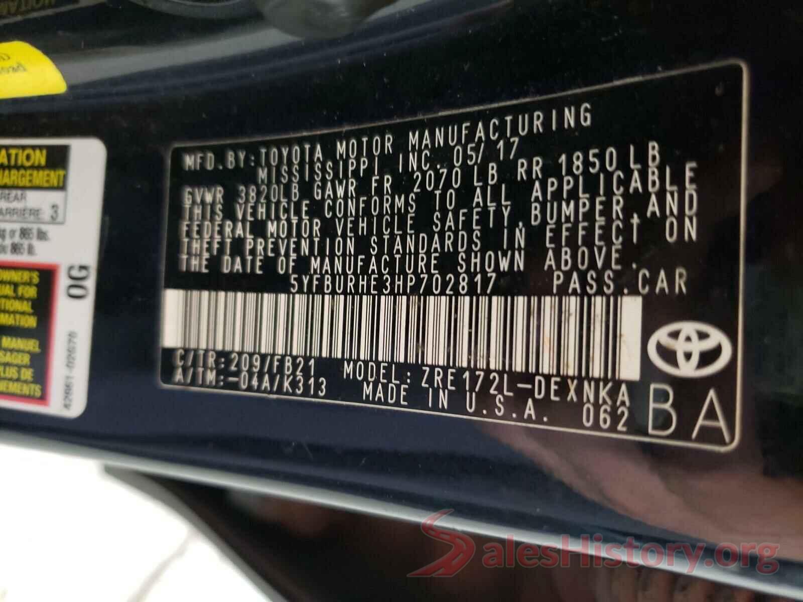 5YFBURHE3HP702817 2017 TOYOTA COROLLA