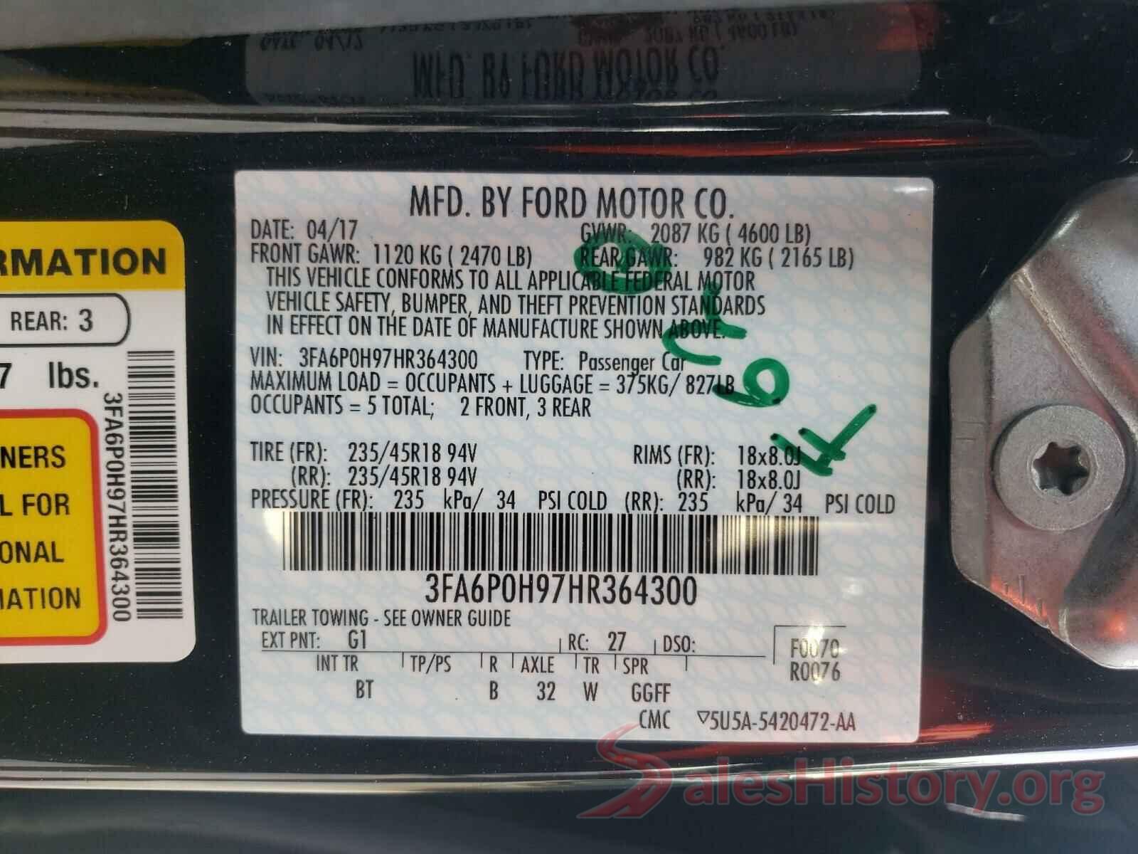 3FA6P0H97HR364300 2017 FORD FUSION