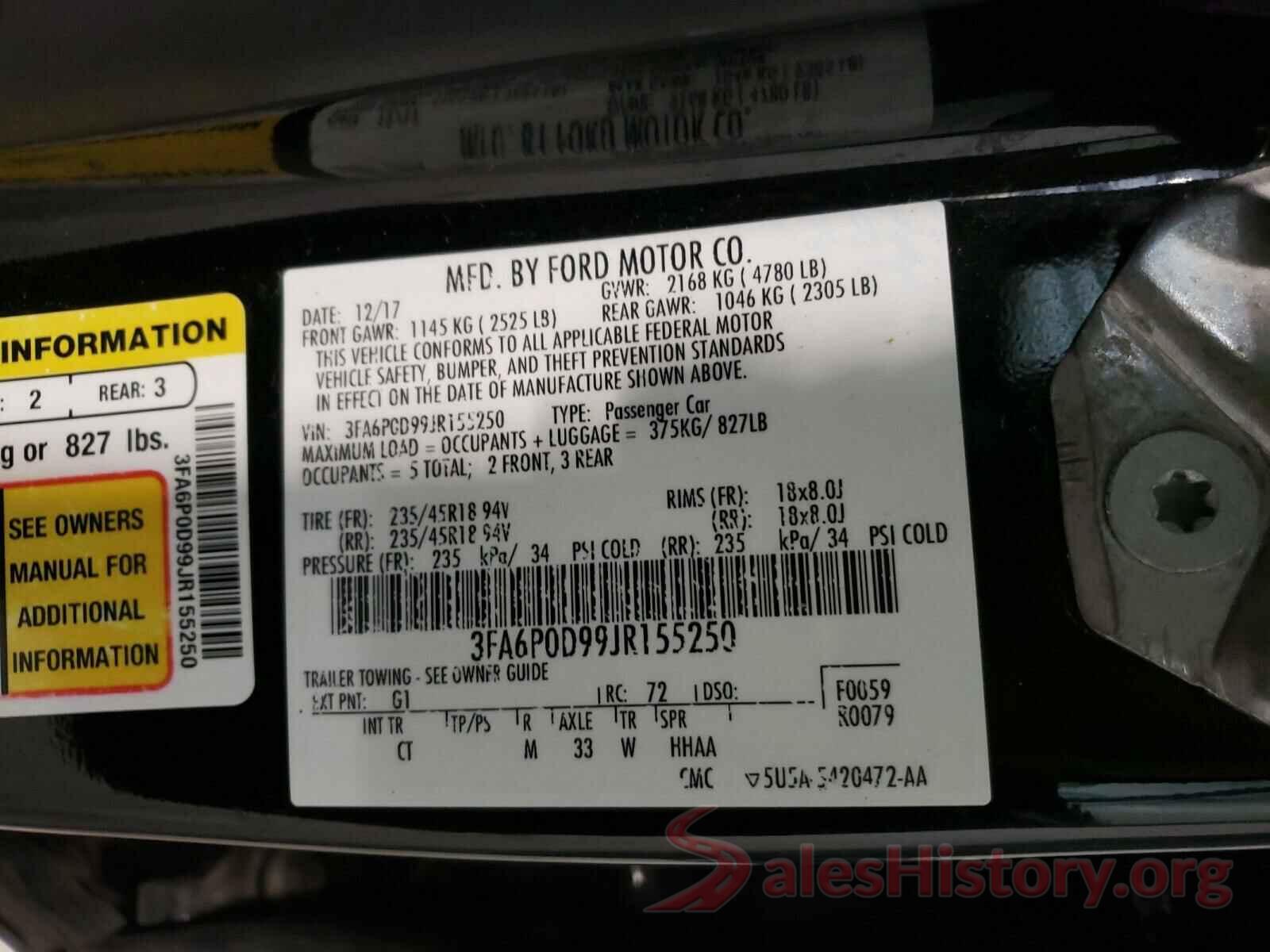 3FA6P0D99JR155250 2018 FORD FUSION