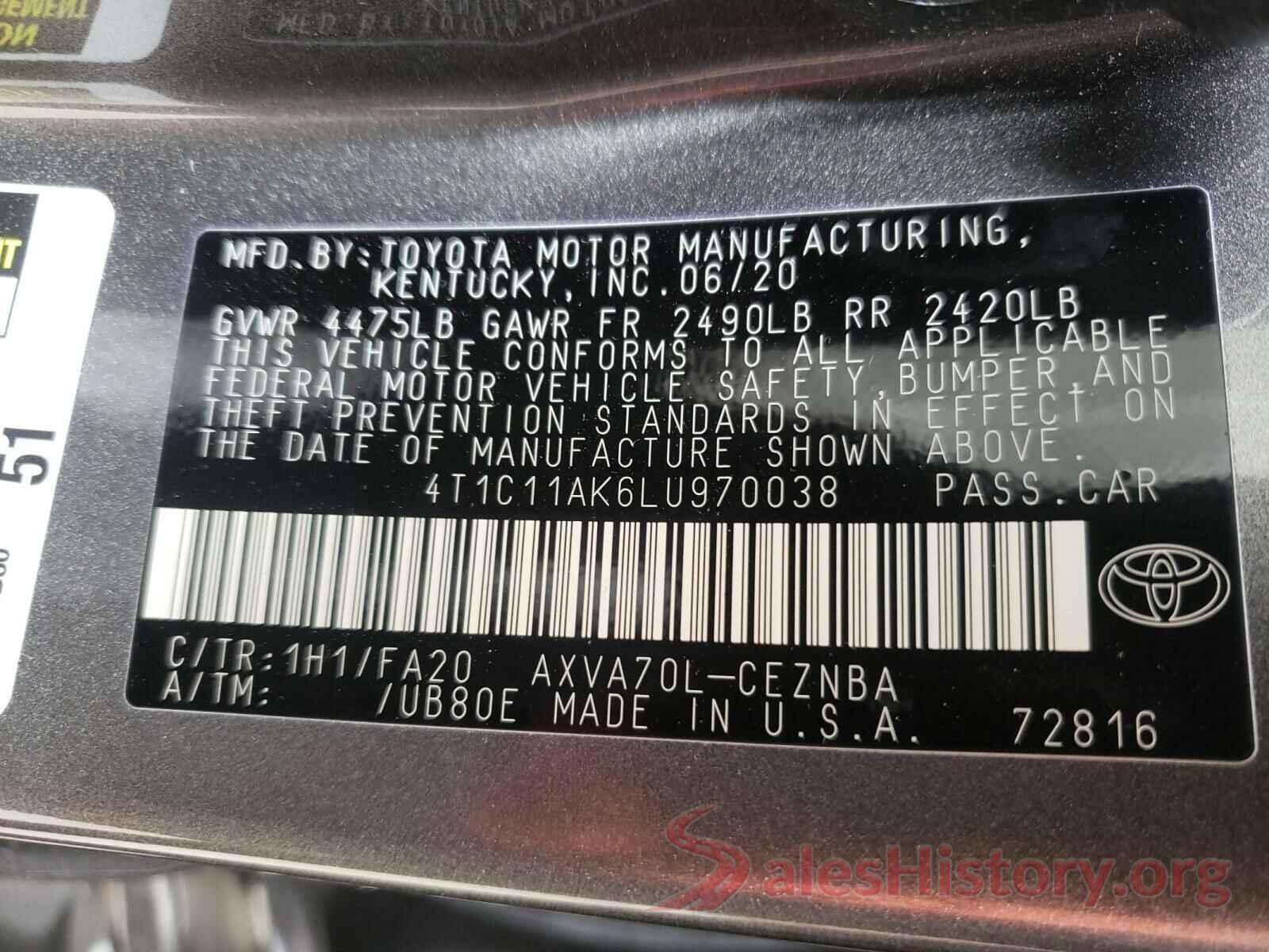 4T1C11AK6LU970038 2020 TOYOTA CAMRY