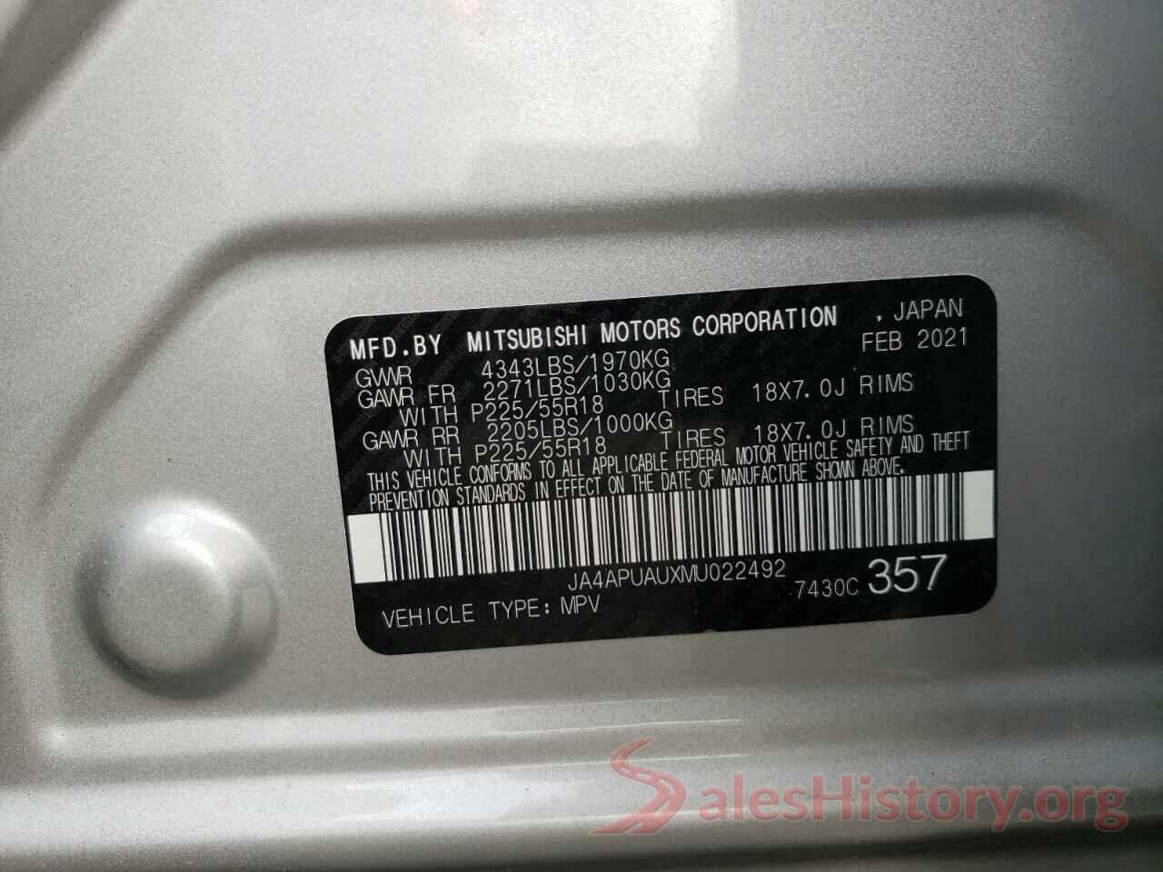 JA4APUAUXMU022492 2021 MITSUBISHI OUTLANDER