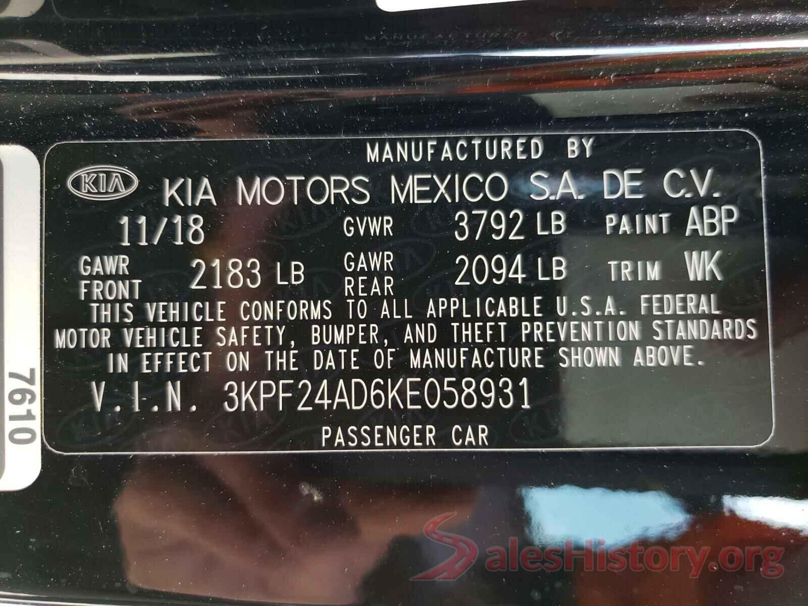 3KPF24AD6KE058931 2019 KIA FORTE