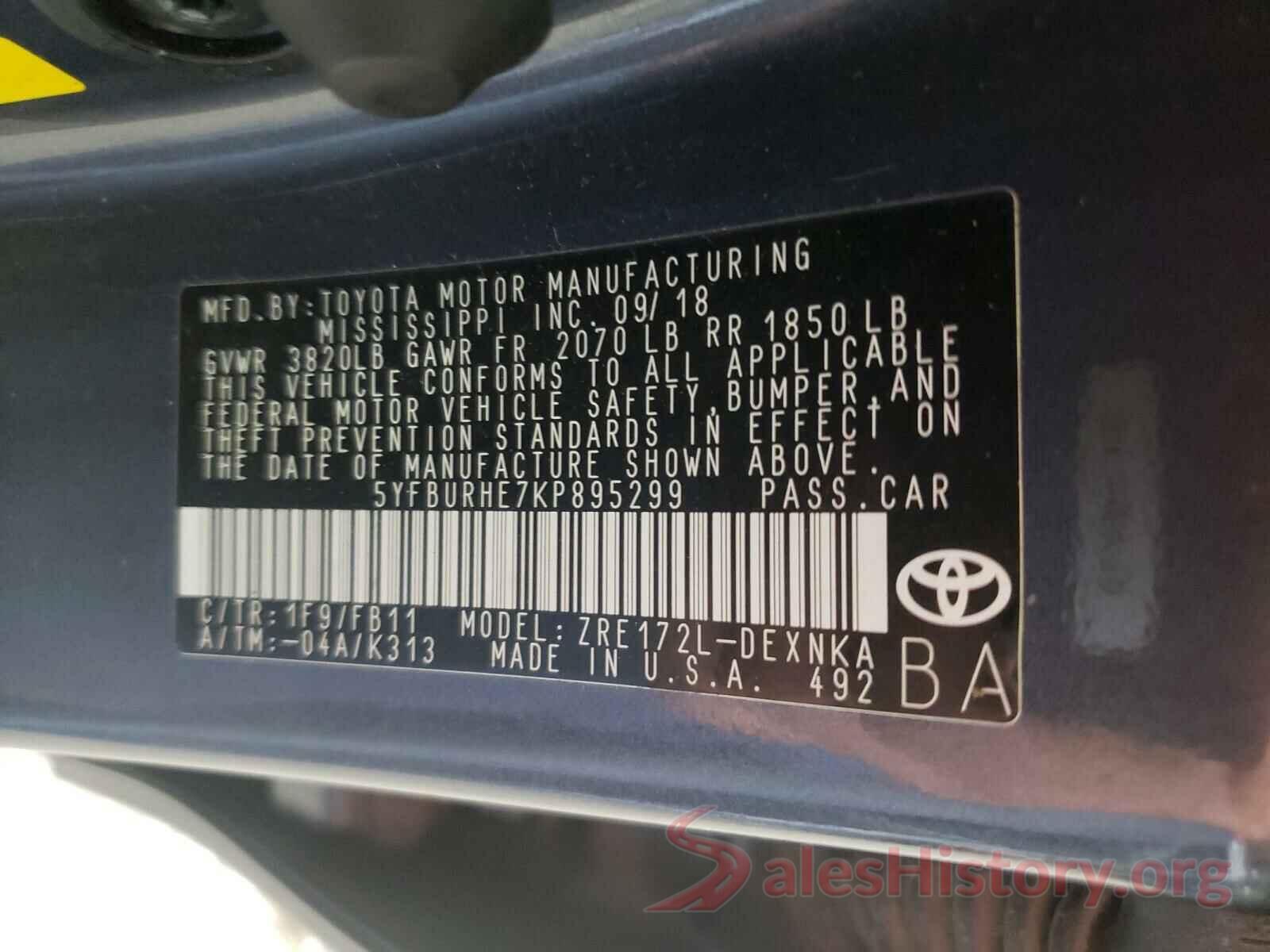 5YFBURHE7KP895299 2019 TOYOTA COROLLA