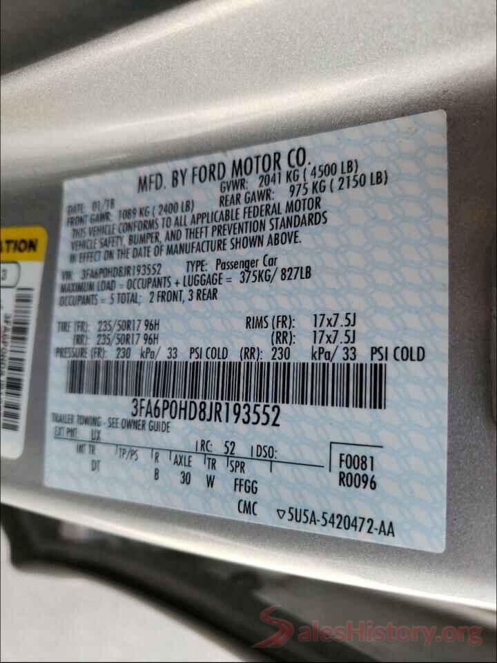 3FA6P0HD8JR193552 2018 FORD FUSION