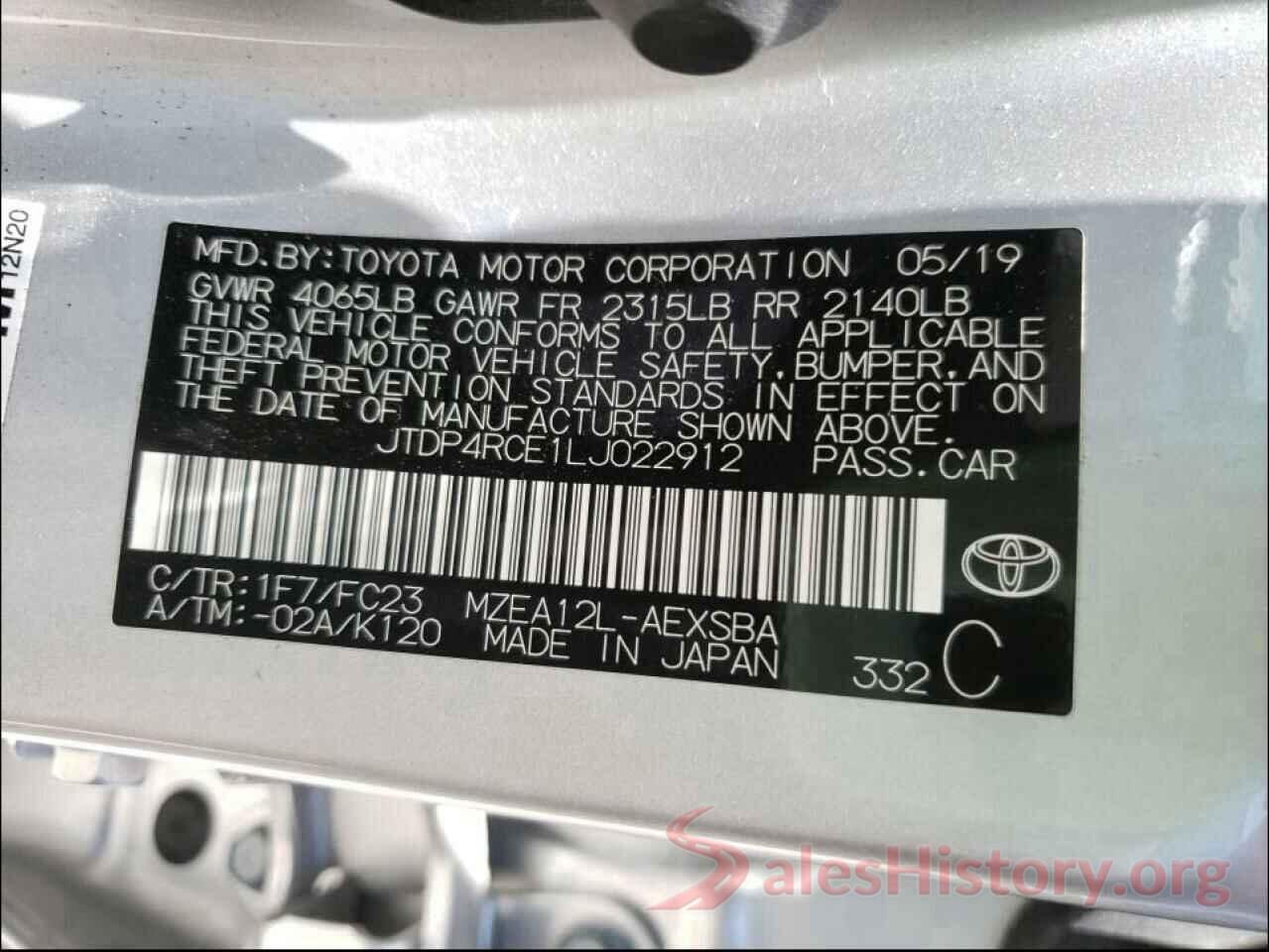 JTDP4RCE1LJ022912 2020 TOYOTA COROLLA