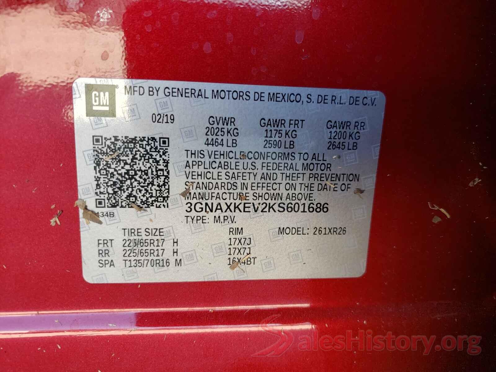 3GNAXKEV2KS601686 2019 CHEVROLET EQUINOX