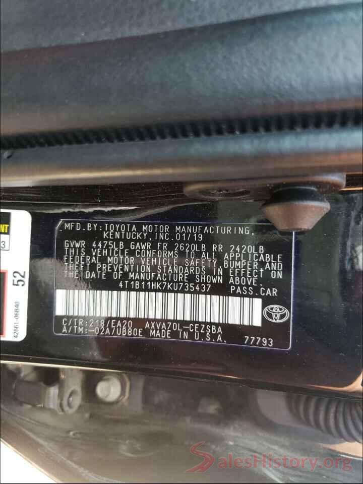 4T1B11HK7KU735437 2019 TOYOTA CAMRY