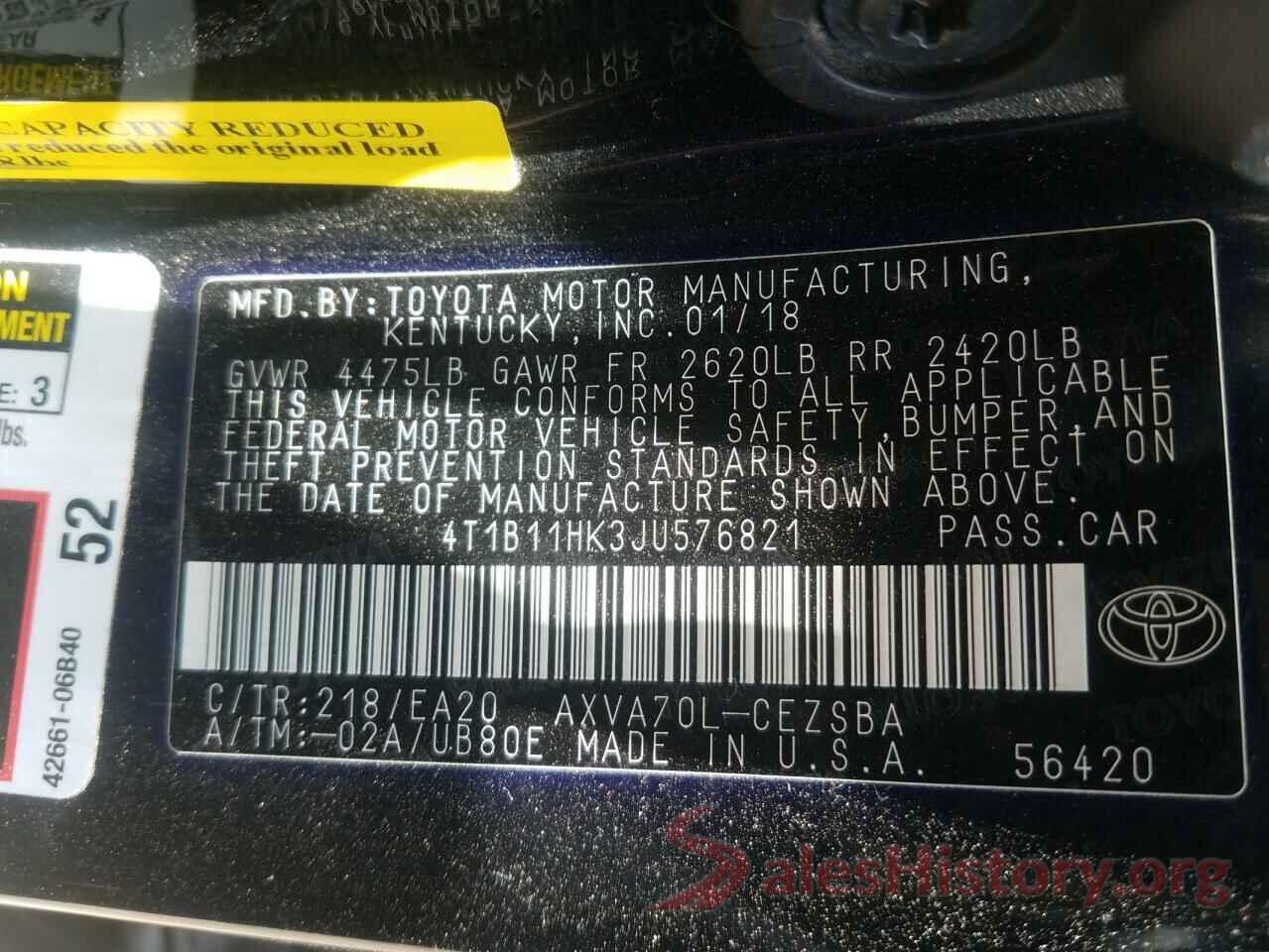 4T1B11HK3JU576821 2018 TOYOTA CAMRY