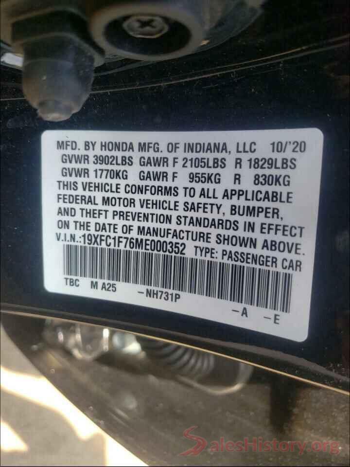 19XFC1F76ME000352 2021 HONDA CIVIC