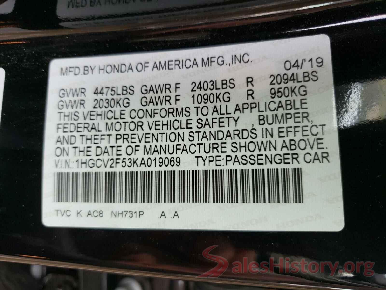 1HGCV2F53KA019069 2019 HONDA ACCORD