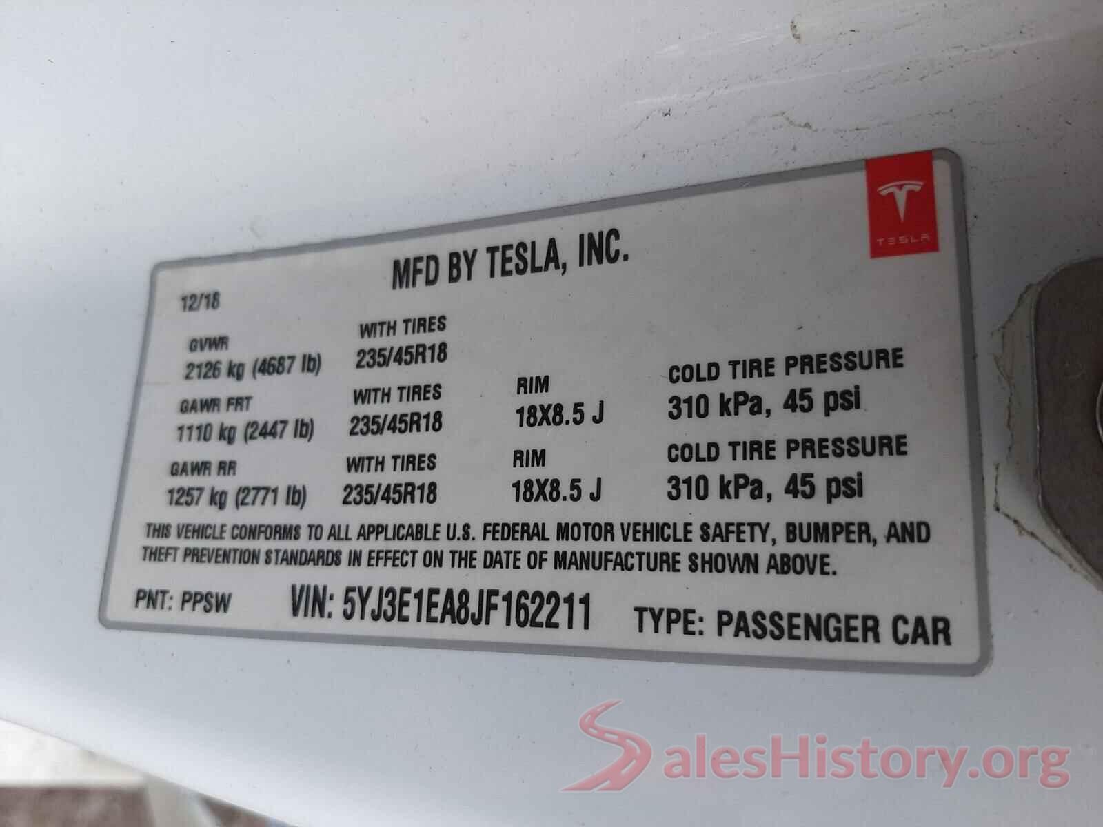 5YJ3E1EA8JF162211 2018 TESLA MODEL 3