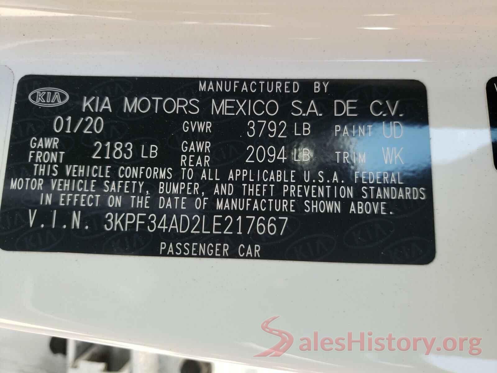 3KPF34AD2LE217667 2020 KIA FORTE