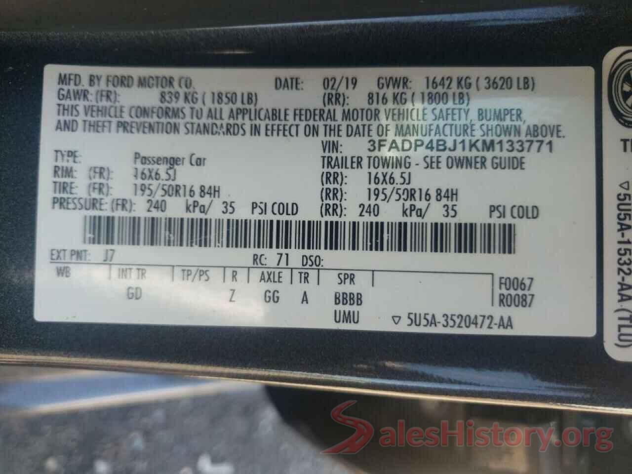 3FADP4BJ1KM133771 2019 FORD FIESTA