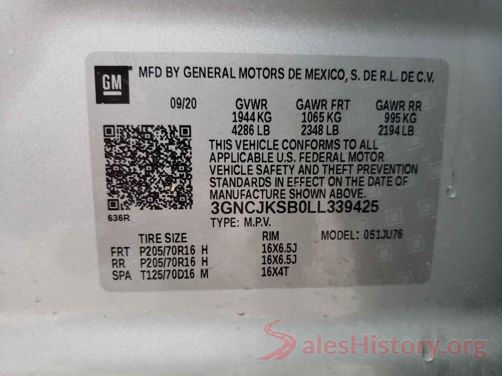 3GNCJKSB0LL339425 2020 CHEVROLET TRAX