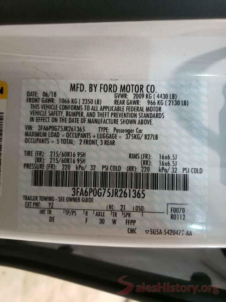 3FA6P0G75JR261365 2018 FORD FUSION