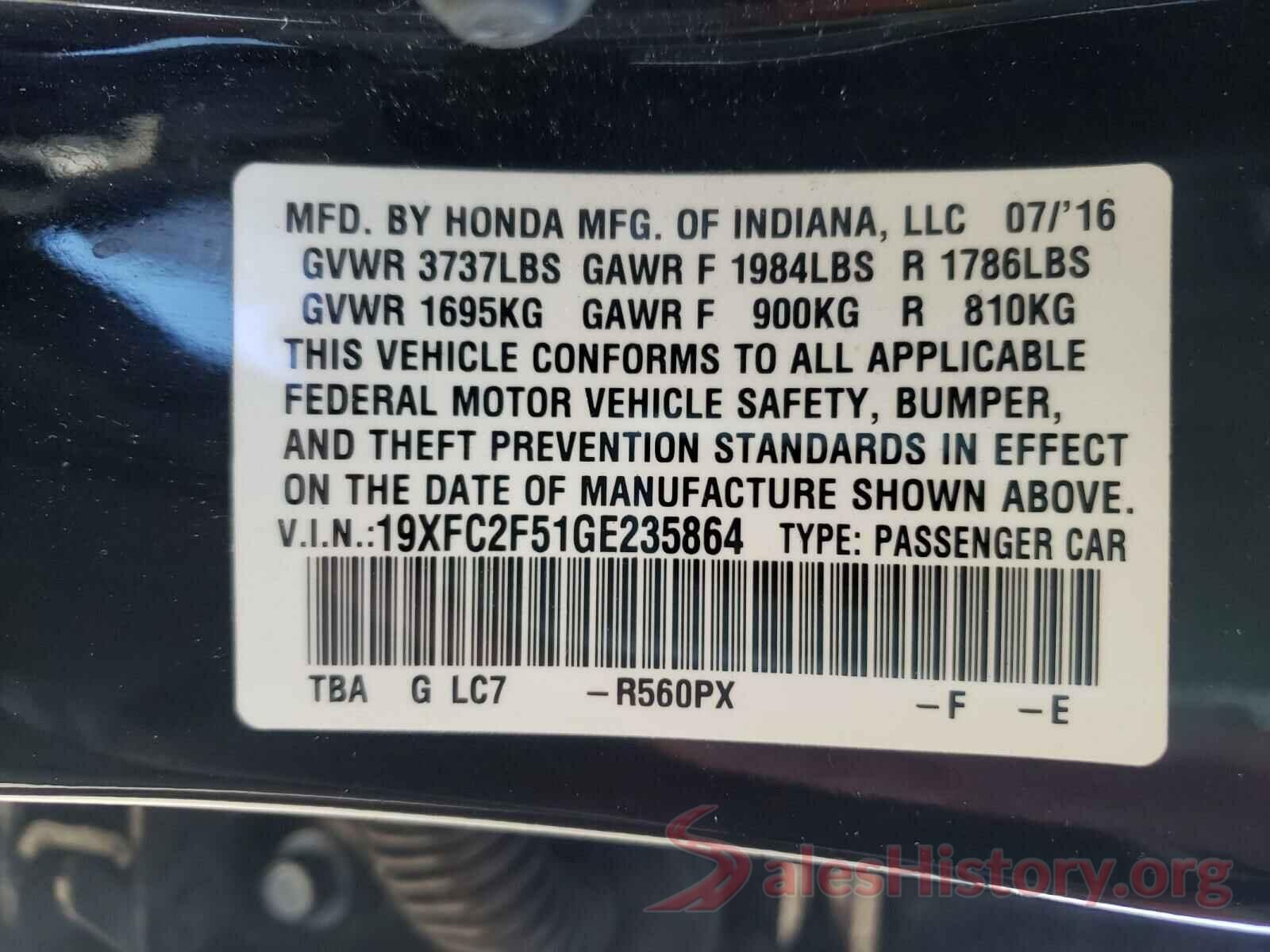 19XFC2F51GE235864 2016 HONDA CIVIC