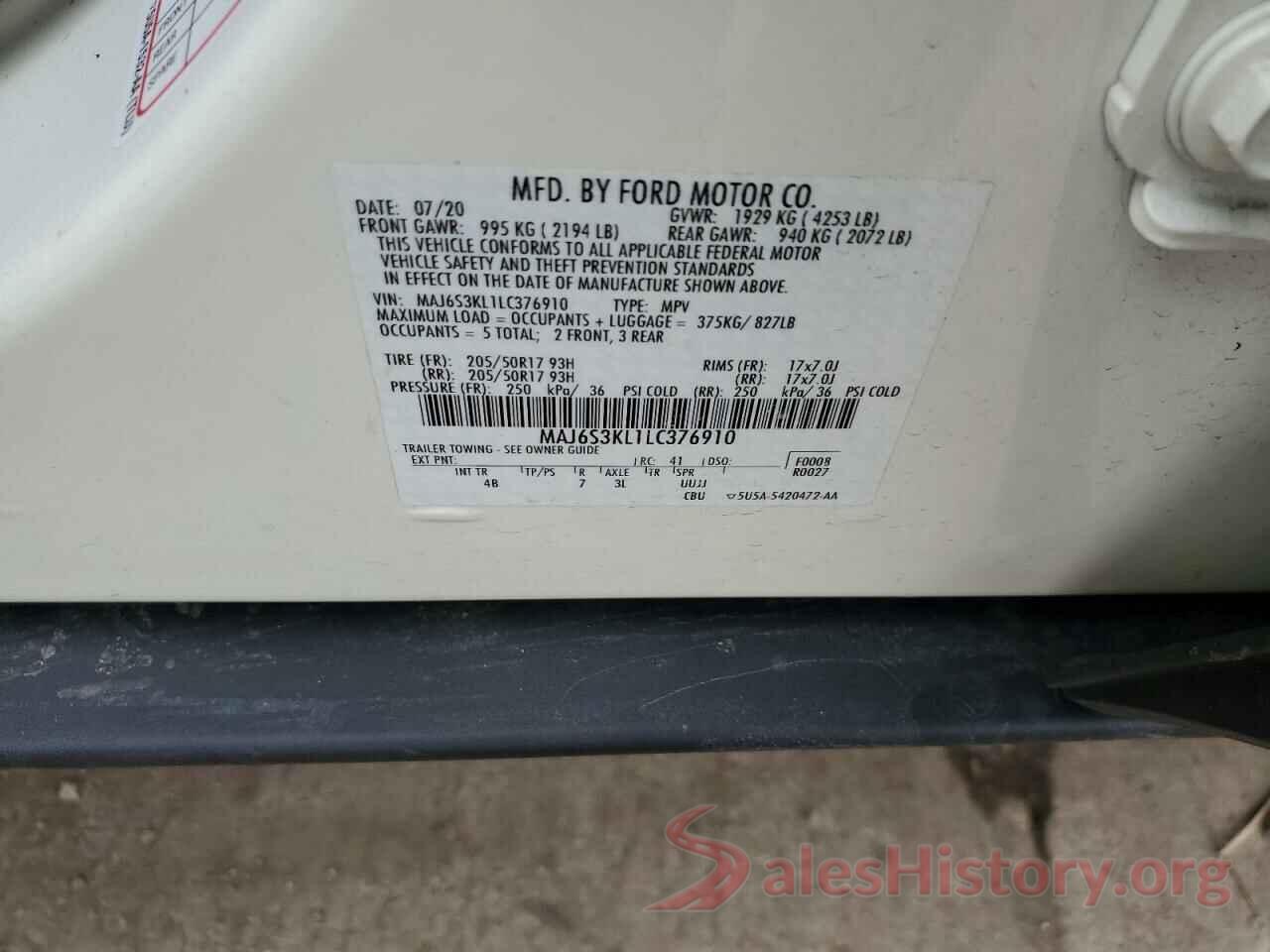 MAJ6S3KL1LC376910 2020 FORD ECOSPORT