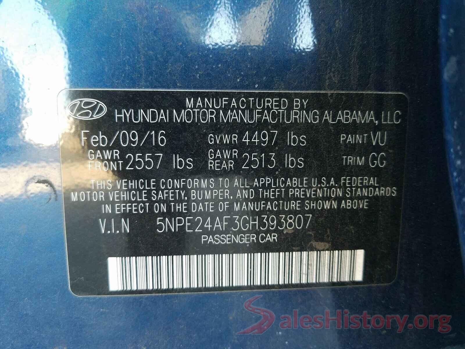 5NPE24AF3GH393807 2016 HYUNDAI SONATA