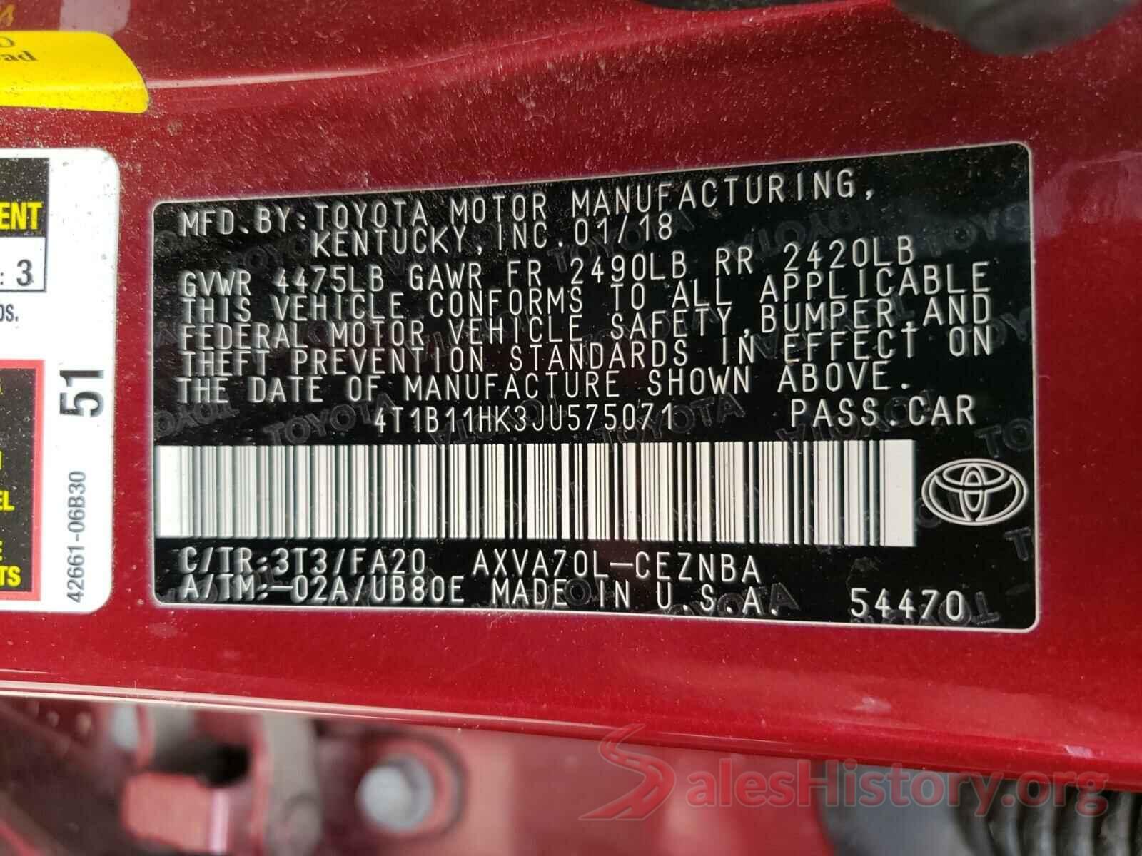 4T1B11HK3JU575071 2018 TOYOTA CAMRY