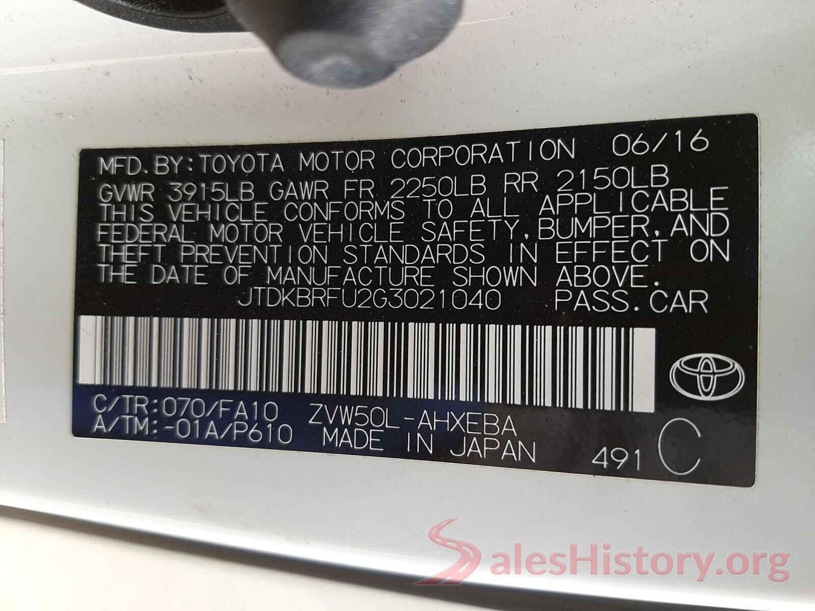 JTDKBRFU2G3021040 2016 TOYOTA PRIUS