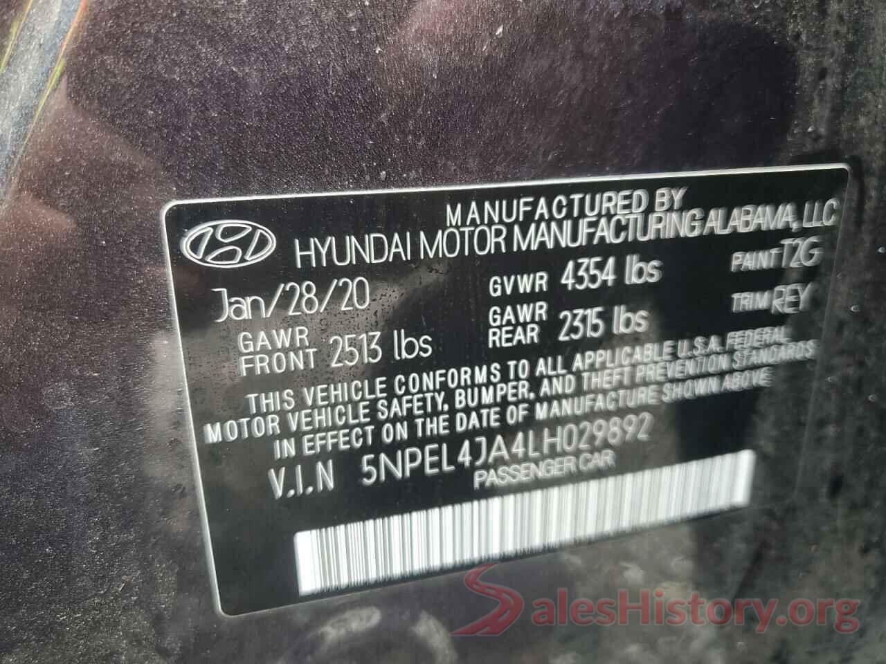 5NPEL4JA4LH029892 2020 HYUNDAI SONATA