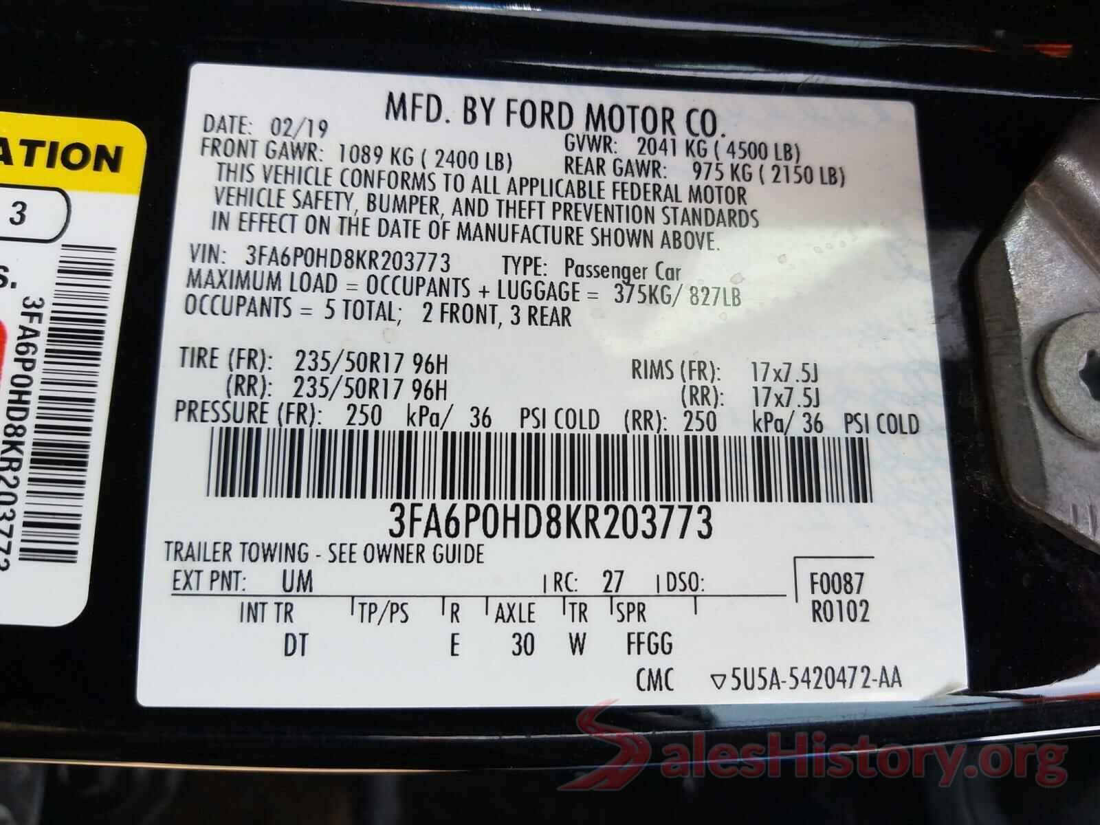 3FA6P0HD8KR203773 2019 FORD FUSION