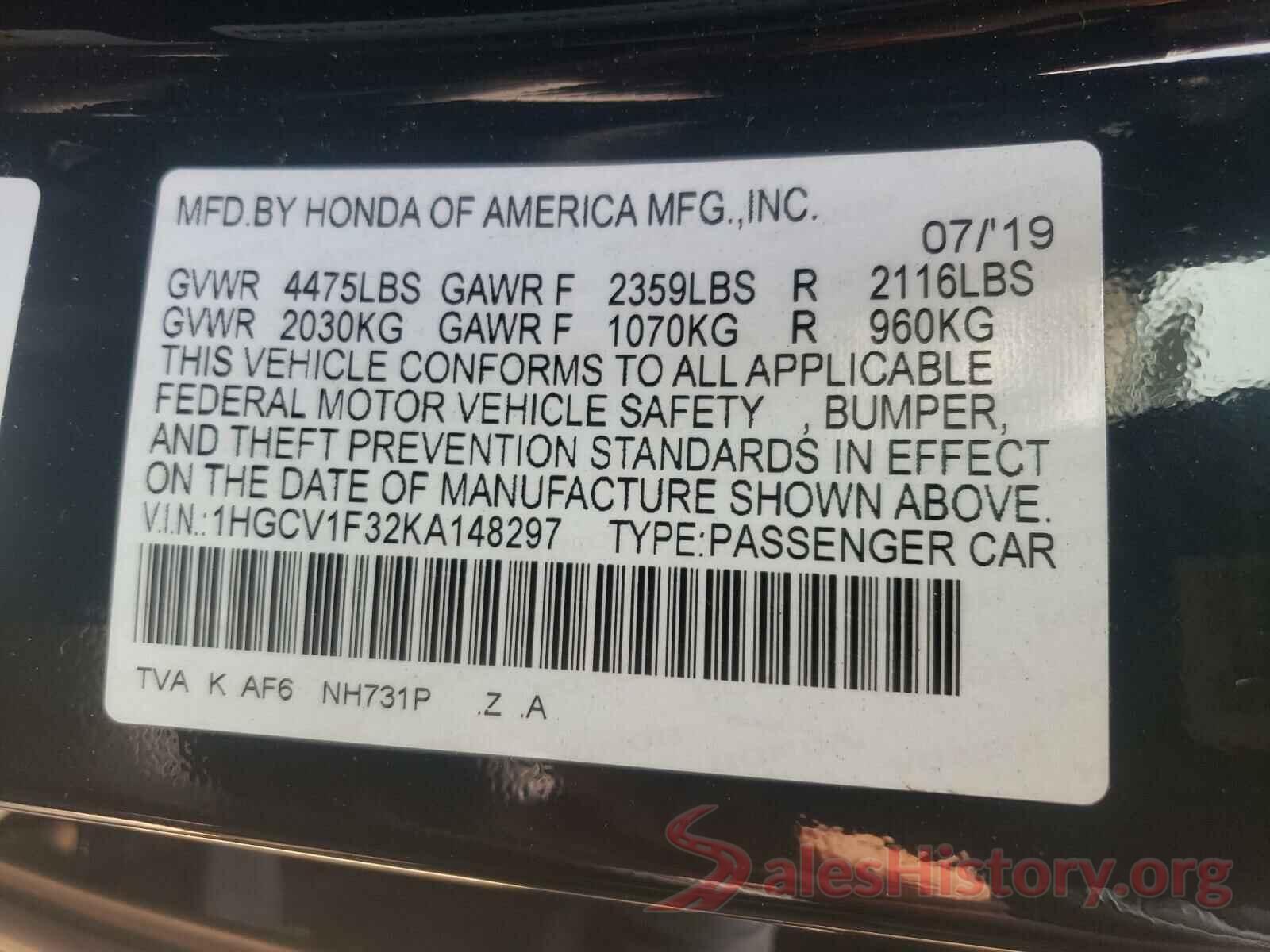 1HGCV1F32KA148297 2019 HONDA ACCORD