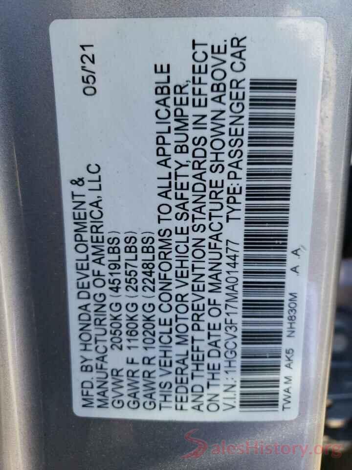 1HGCV3F17MA014477 2021 HONDA ACCORD