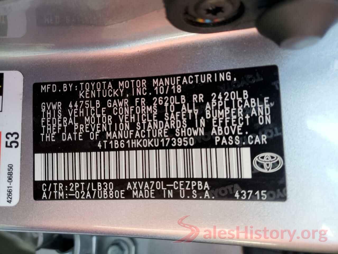 4T1B61HK0KU173950 2019 TOYOTA CAMRY