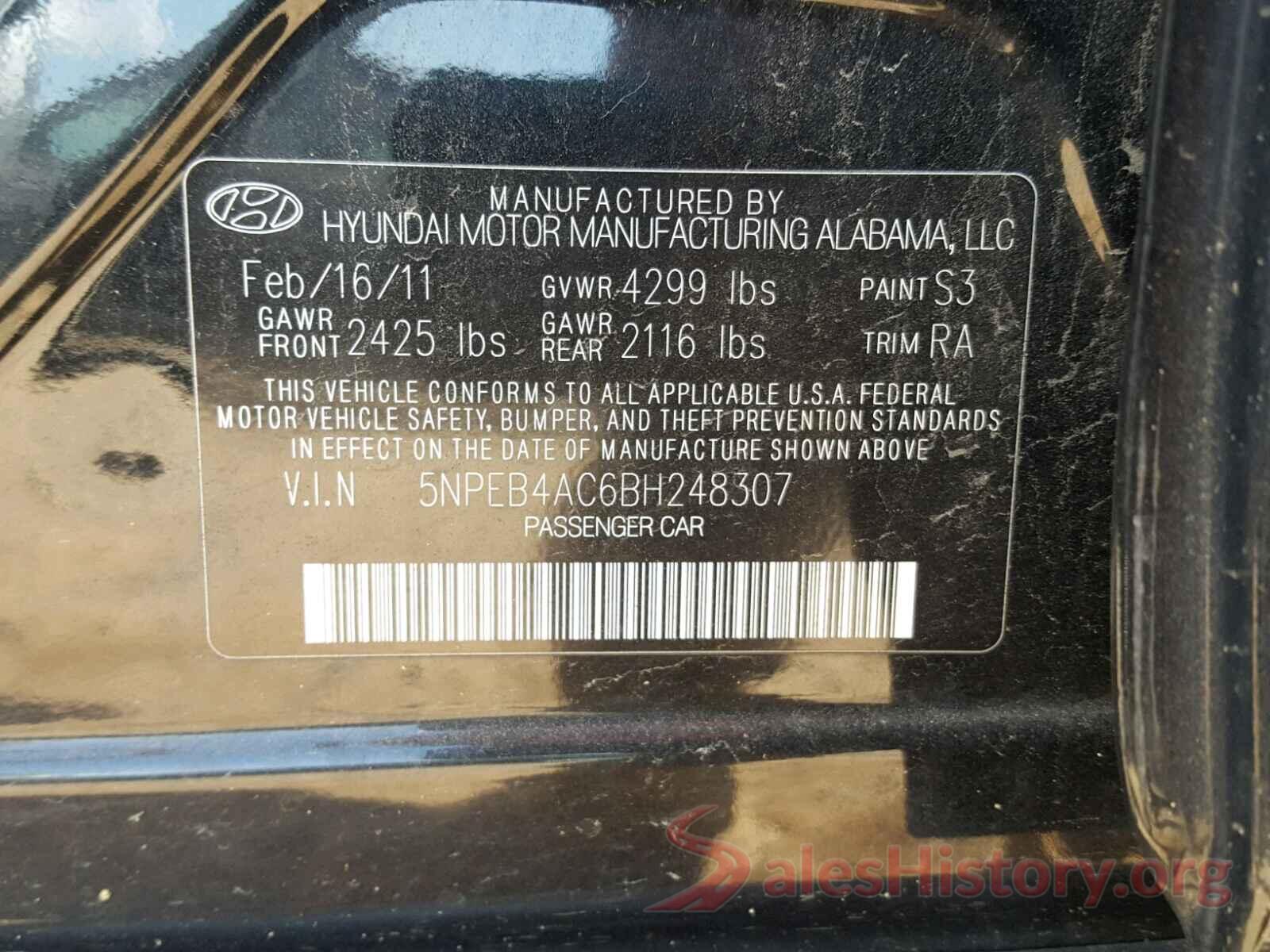 5NPEB4AC6BH248307 2011 HYUNDAI SONATA