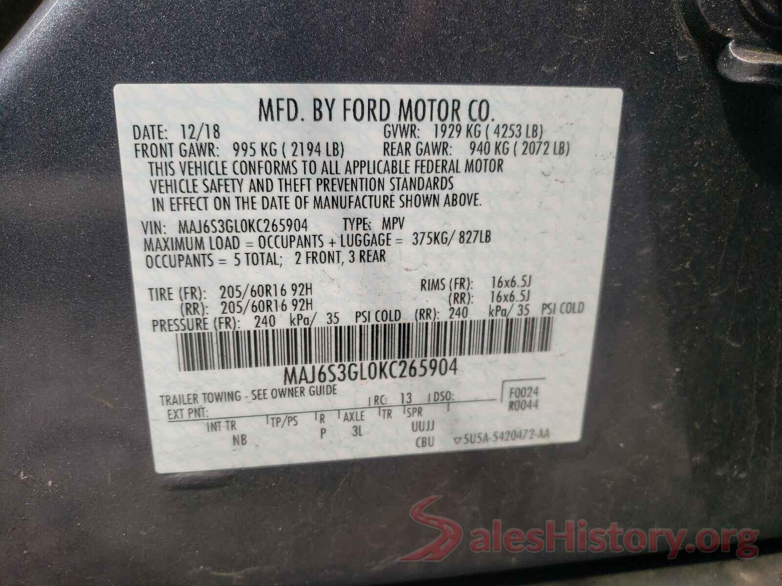 MAJ6S3GL0KC265904 2019 FORD ALL OTHER