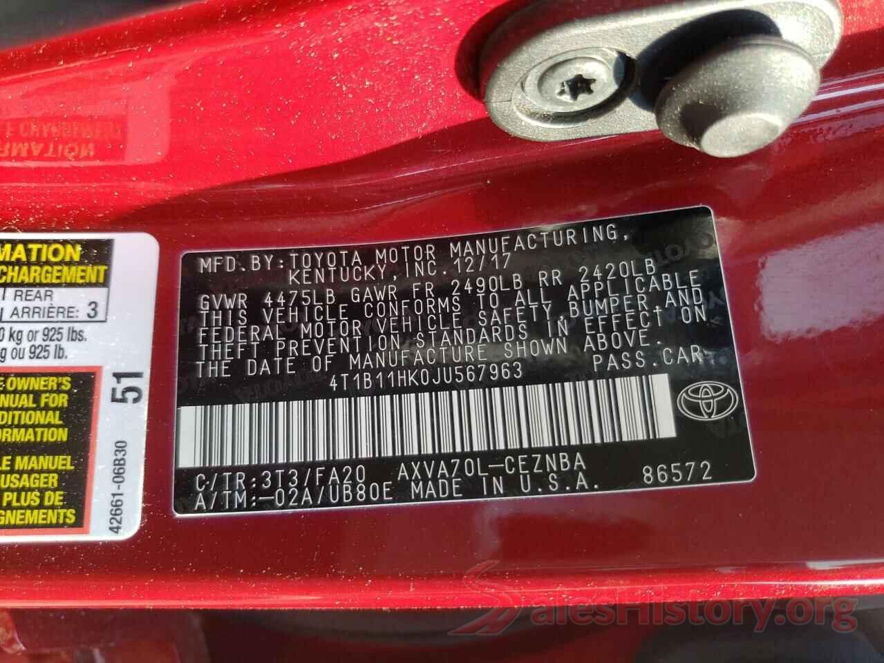 4T1B11HK0JU567963 2018 TOYOTA CAMRY