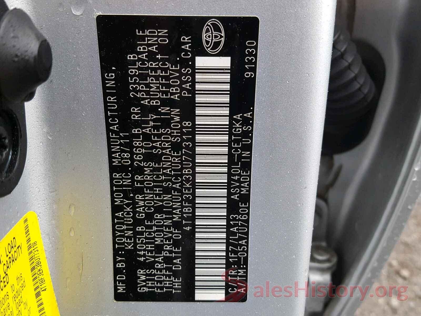 4T1BF3EK3BU773118 2011 TOYOTA CAMRY BASE