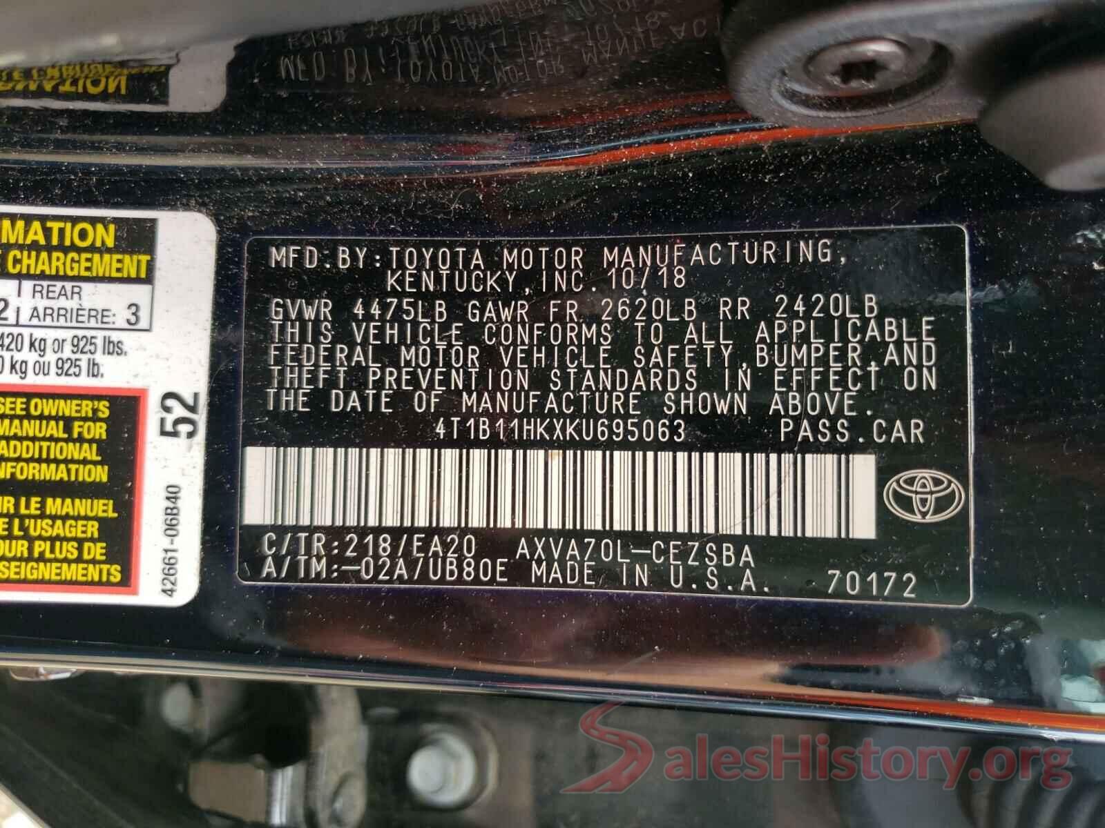 4T1B11HKXKU695063 2019 TOYOTA CAMRY