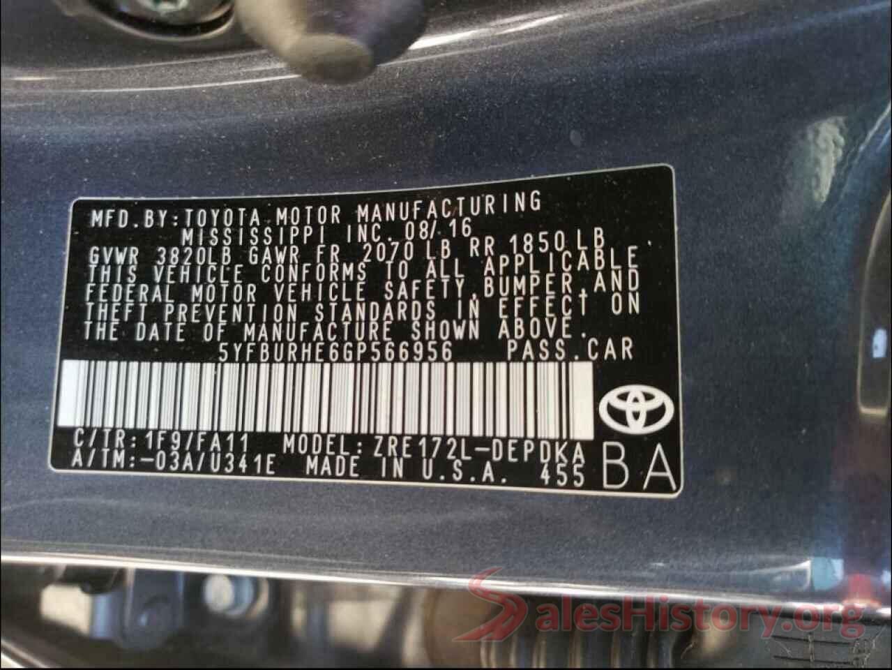 5YFBURHE6GP566956 2016 TOYOTA COROLLA