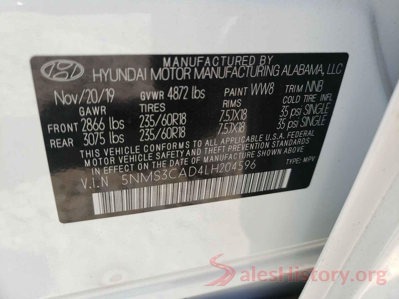 5NMS3CAD4LH204596 2020 HYUNDAI SANTA FE