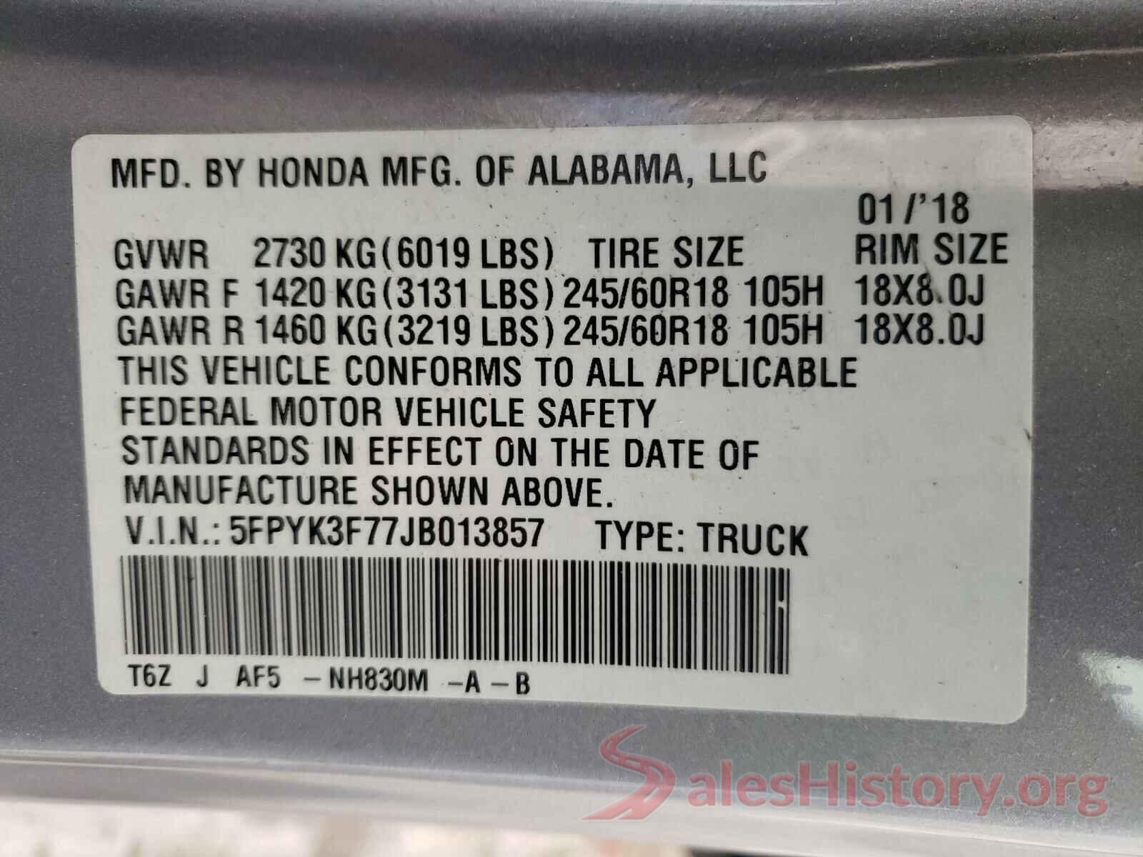 5FPYK3F77JB013857 2018 HONDA RIDGELINE