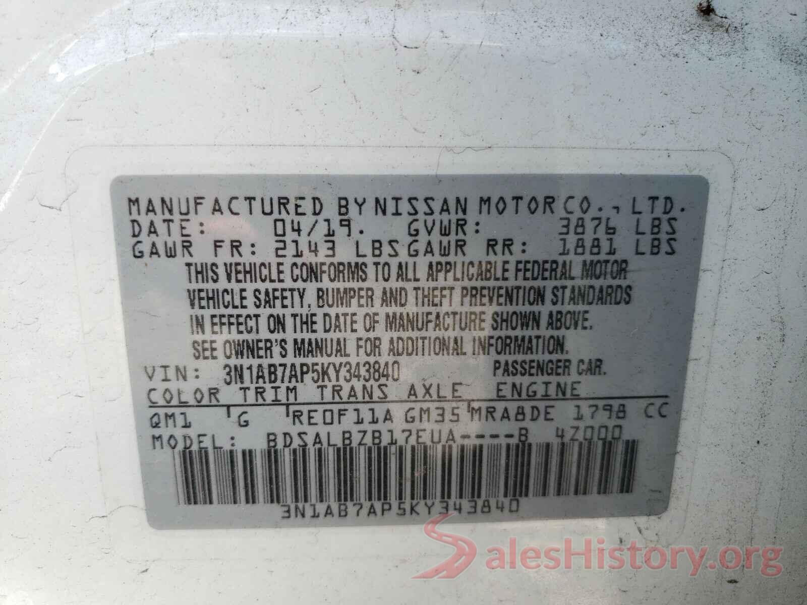 3N1AB7AP5KY343840 2019 NISSAN SENTRA