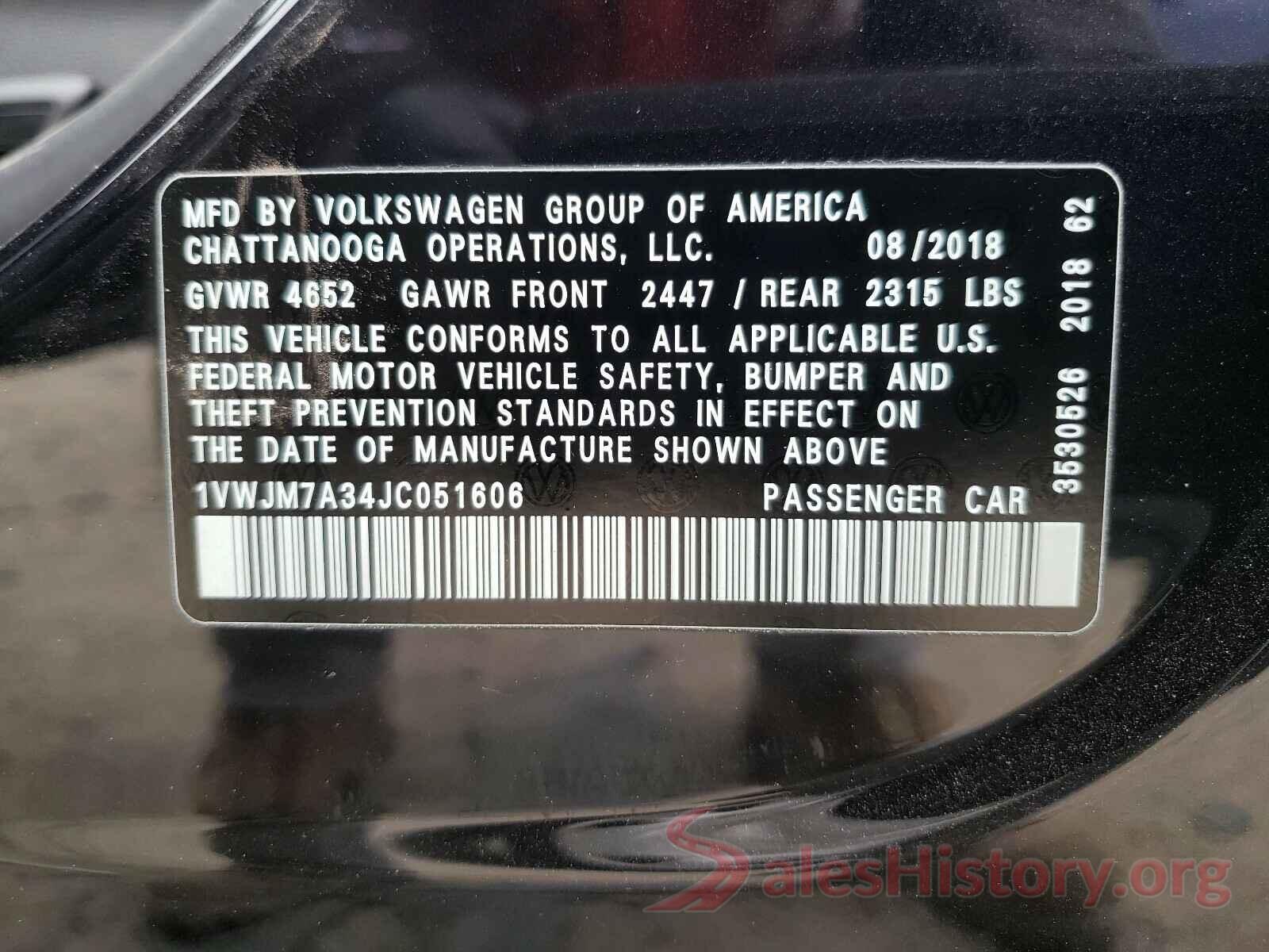 1VWJM7A34JC051606 2018 VOLKSWAGEN PASSAT