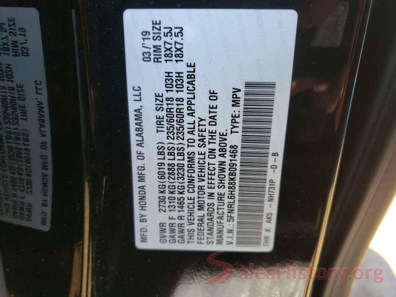 5FNRL6H88KB091468 2019 HONDA ODYSSEY