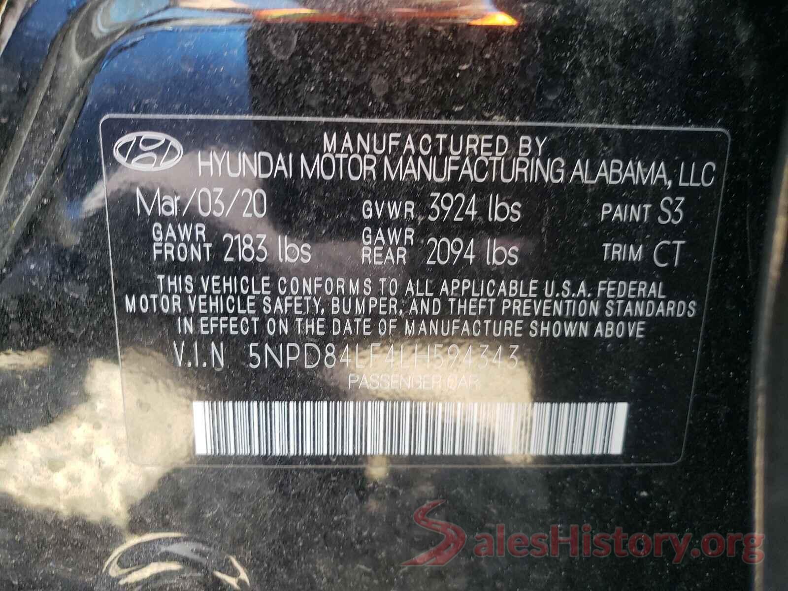 5NPD84LF4LH594343 2020 HYUNDAI ELANTRA