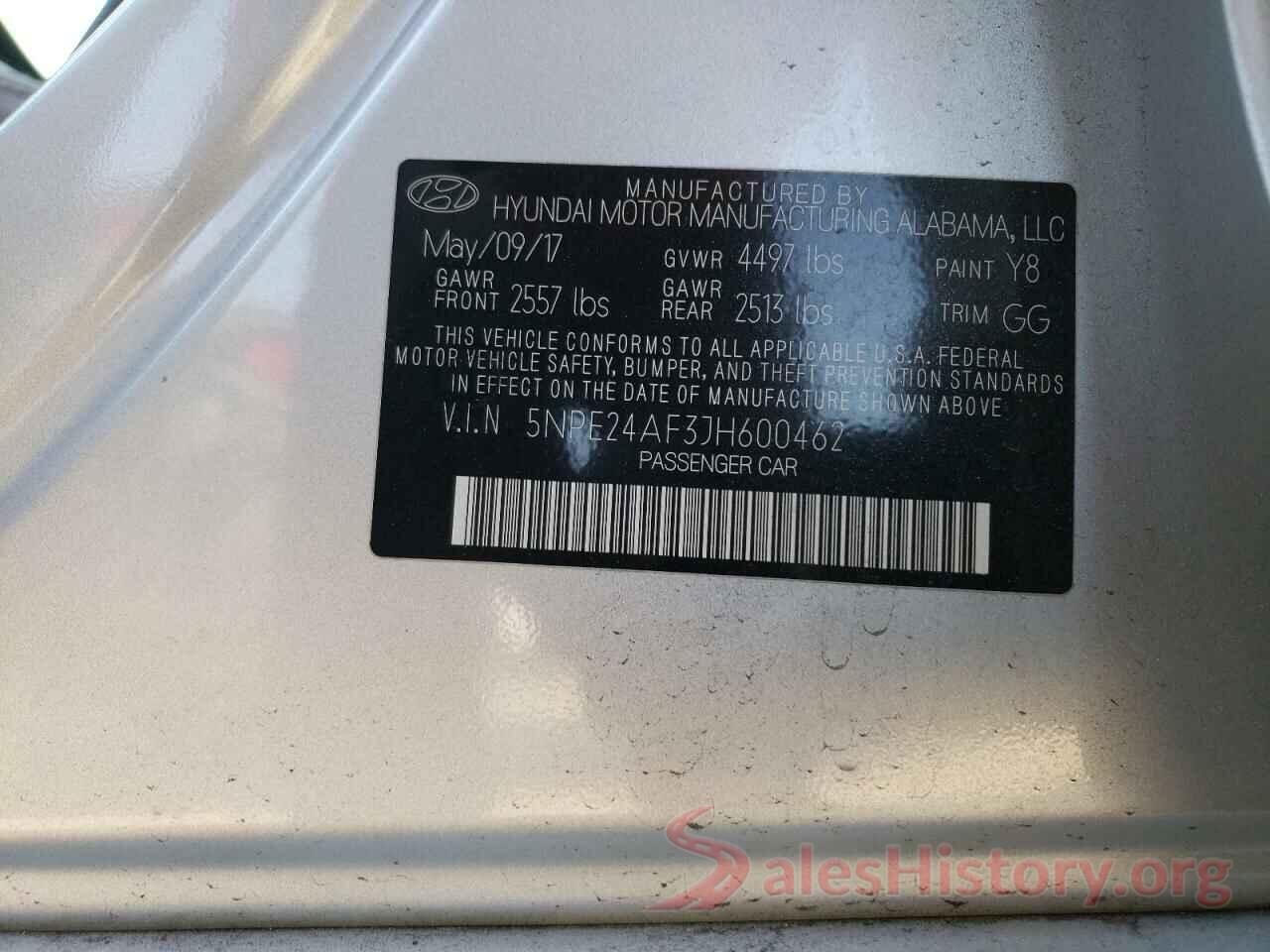 5NPE24AF3JH600462 2018 HYUNDAI SONATA