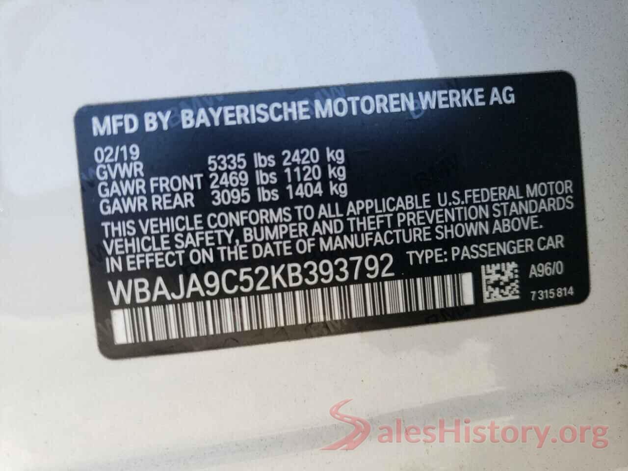 WBAJA9C52KB393792 2019 BMW 5 SERIES