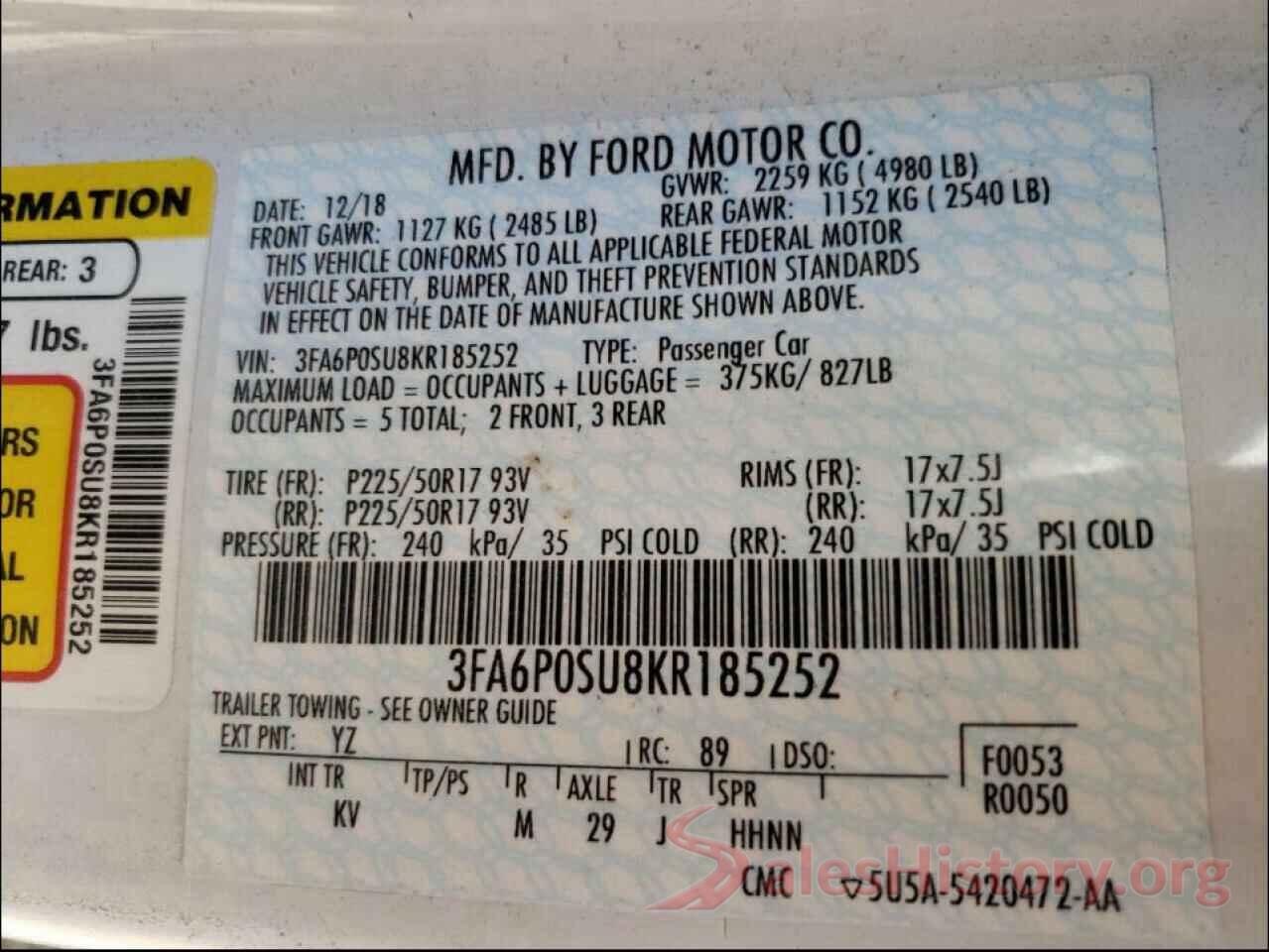 3FA6P0SU8KR185252 2019 FORD FUSION