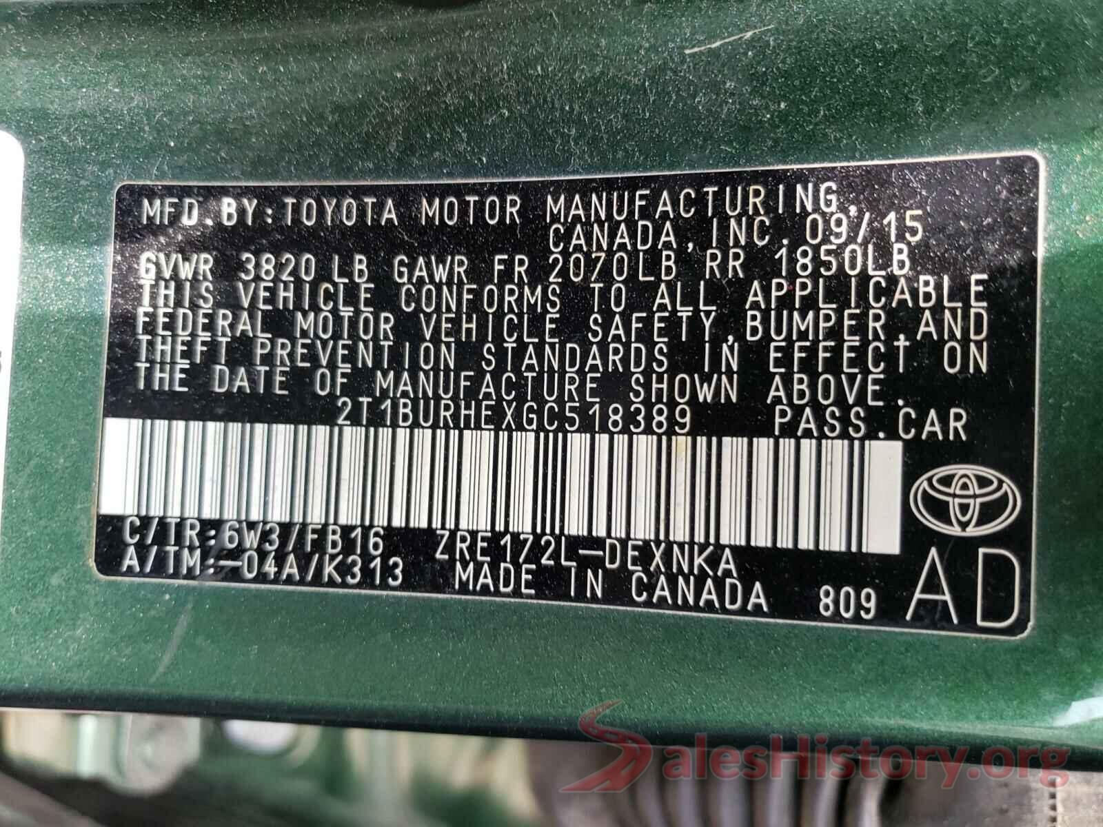 2T1BURHEXGC518389 2016 TOYOTA COROLLA