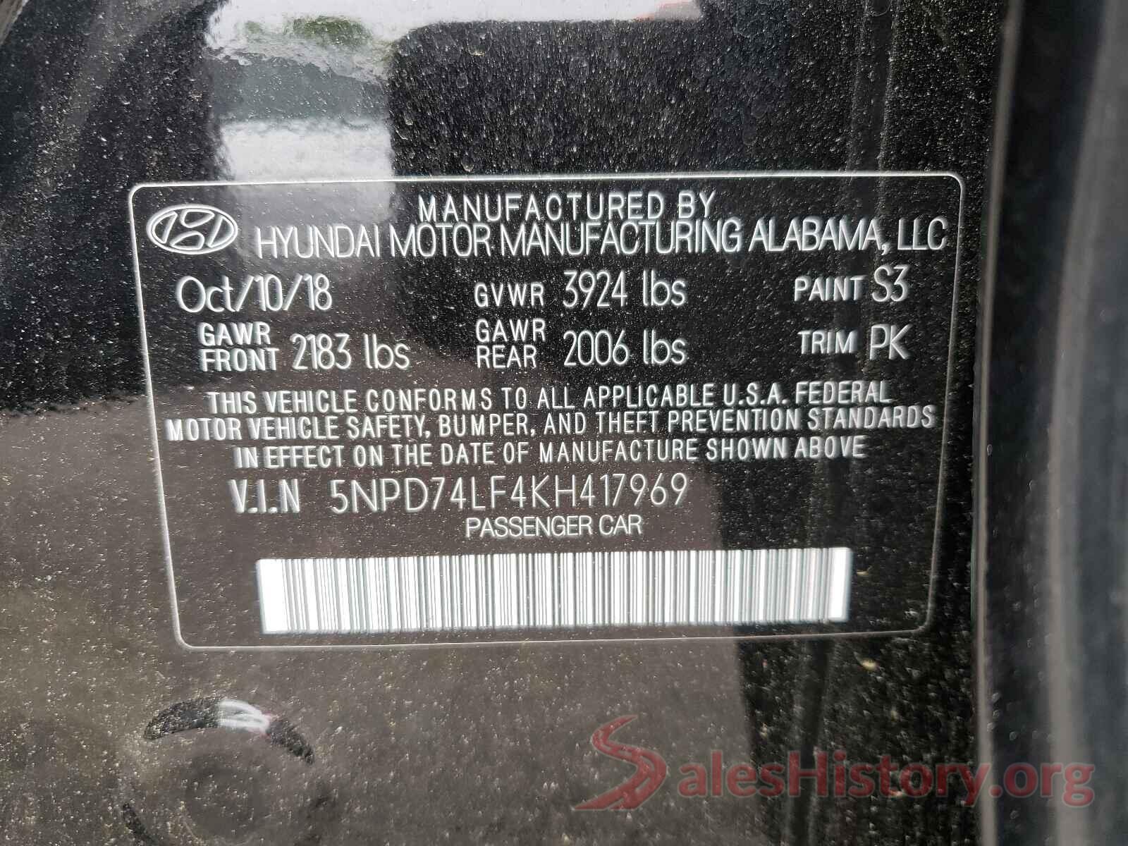 5NPD74LF4KH417969 2019 HYUNDAI ELANTRA