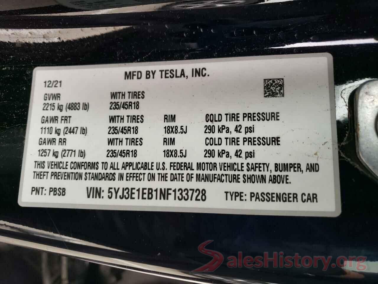 5YJ3E1EB1NF133728 2022 TESLA MODEL 3