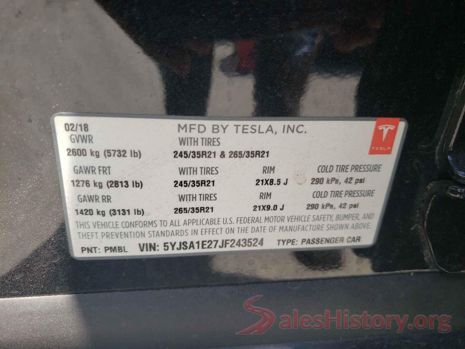 5YJSA1E27JF243524 2018 TESLA MODEL S